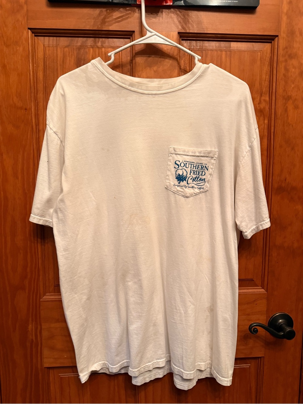 Southern Fried Cotton White Short Sleeve Tee with Blue Pocket Logo